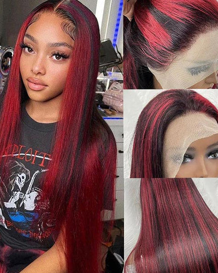 Junoda Highlight Red Straight Human Hair Wigs Balayage Piano Color Lace Wig junoda