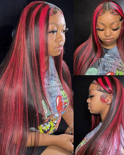 Junoda Highlight Red Straight Human Hair Wigs Balayage Piano Color Lace Wig junoda