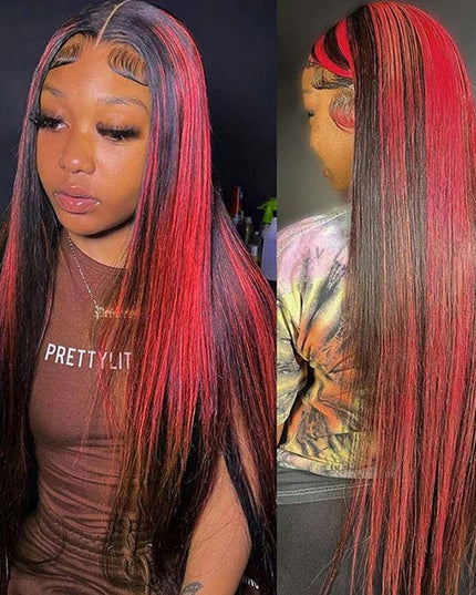 Junoda Highlight Red Straight Human Hair Wigs Balayage Piano Color Lace Wig junoda