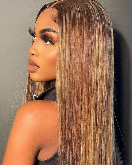 Junoda Highlight Straight Wig Blonde Brown Colored Human Hair Wigs T Part Lace Wig junoda