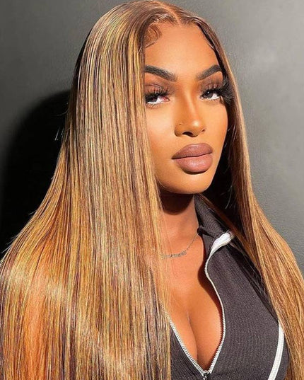 Junoda Highlight Straight Wig Blonde Brown Colored Human Hair Wigs T Part Lace Wig junoda