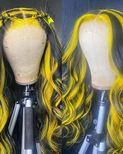 Junoda Highlight Yelllow on Black Hair Body Wave Human Hair Wigs Piano Color Lace Wig junoda