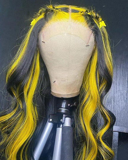 Junoda Highlight Yelllow on Black Hair Body Wave Human Hair Wigs Piano Color Lace Wig junoda