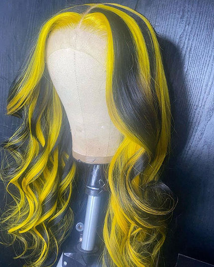 Junoda Highlight Yelllow on Black Hair Body Wave Human Hair Wigs Piano Color Lace Wig junoda