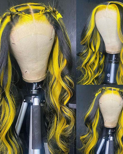 Junoda Highlight Yelllow on Black Hair Body Wave Human Hair Wigs Piano Color Lace Wig junoda