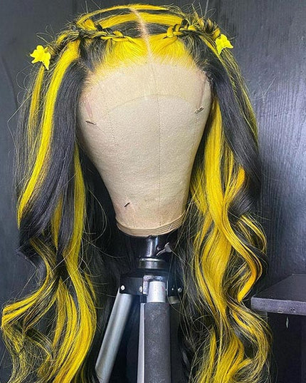 Junoda Highlight Yelllow on Black Hair Body Wave Human Hair Wigs Piano Color Lace Wig junoda