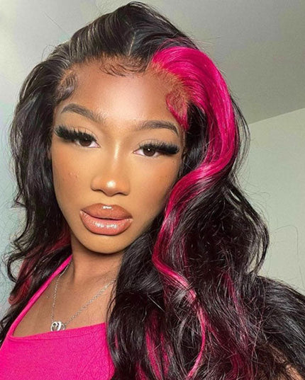 Junoda Hot Pink Skunk Stripe Body Wave Lace Front Wig Colored Human Hair Wigs for Women junoda