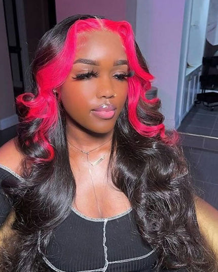 Junoda Hot Pink Skunk Stripe Body Wave Lace Front Wig Colored Human Hair Wigs for Women junoda