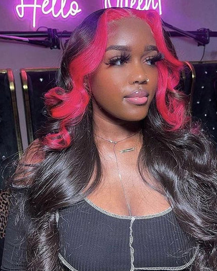 Junoda Hot Pink Skunk Stripe Body Wave Lace Front Wig Colored Human Hair Wigs for Women junoda