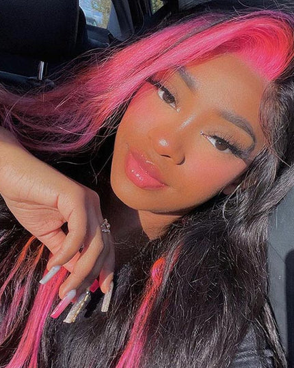 Junoda Hot Pink Skunk Stripe Body Wave Lace Front Wig Colored Human Hair Wigs for Women junoda