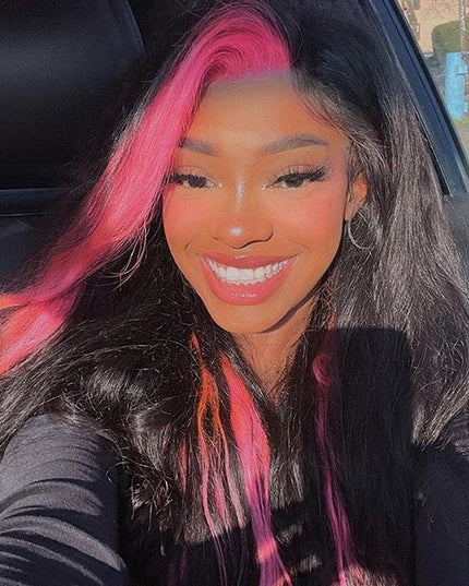Junoda Hot Pink Skunk Stripe Body Wave Lace Front Wig Colored Human Hair Wigs for Women junoda