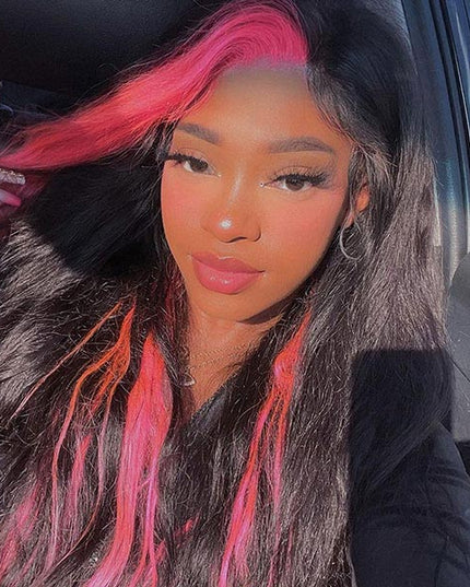 Junoda Hot Pink Skunk Stripe Body Wave Lace Front Wig Colored Human Hair Wigs for Women junoda