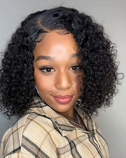 Junoda C-Shaped Side Part Jerry Curly Short Human Hair Bob Lace Wig junoda