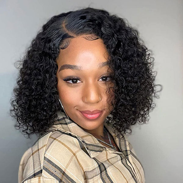 Junoda C-Shaped Side Part Jerry Curly Short Human Hair Bob Lace Wig junoda
