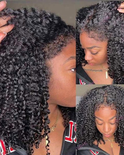Junoda Kinky Curly 4C Edges Wear & Go Bob Wig Pre Cut Lace Side Part Glueless Wig junoda