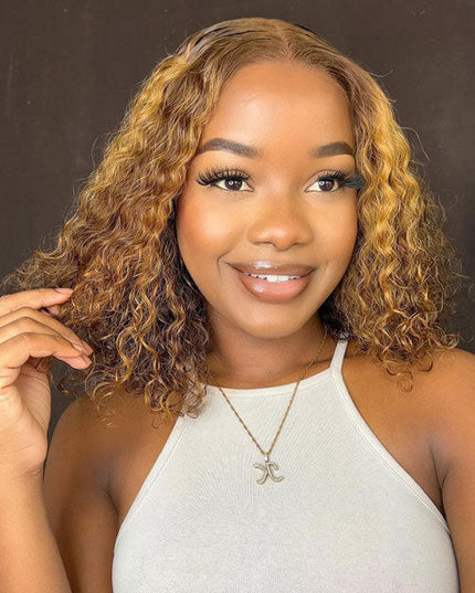 Junoda Kinky Curly Highlight Brown Bob Wig 4x4/6x5/13x4 Pre Cut Lace Wear & Go Wig junoda