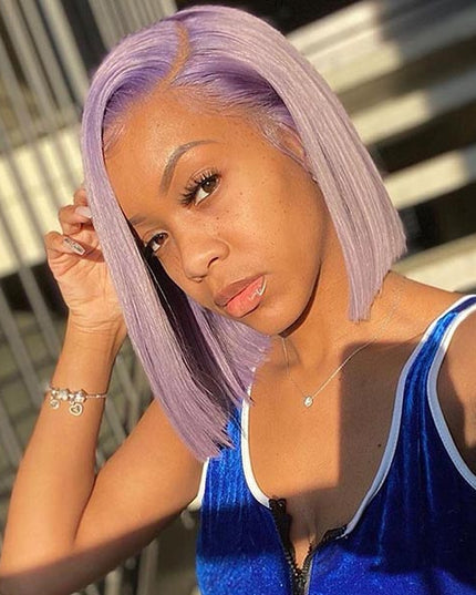 Junoda Light Purple Color Straight Bob Wig Blunt Cut Short Human Hair Wigs on Black Girl Fast Shipping junoda