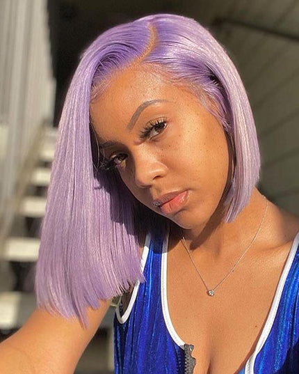 Junoda Light Purple Color Straight Bob Wig Blunt Cut Short Human Hair Wigs on Black Girl junoda