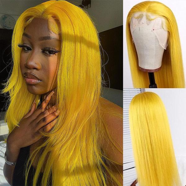 Junoda Long Fluorescent Yellow Lace Front Wig Colored Straight Human Hair Wigs for Sale junoda