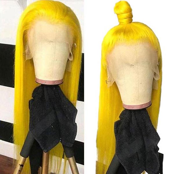Junoda Long Fluorescent Yellow Lace Front Wig Colored Straight Human Hair Wigs for Sale junoda