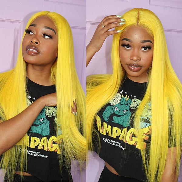 Junoda Long Fluorescent Yellow Lace Front Wig Colored Straight Human Hair Wigs for Sale junoda