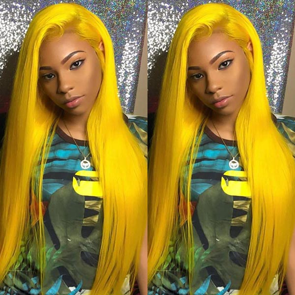 Junoda Long Fluorescent Yellow Lace Front Wig Colored Straight Human Hair Wigs for Sale junoda