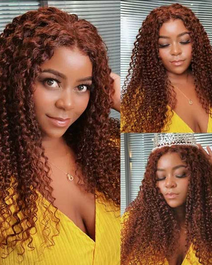 DionaLatia Recommend Junoda Long Reddish Brown Jerry Curly Wig Auburn Color #33 Lace Front Human Hair Wigs junoda