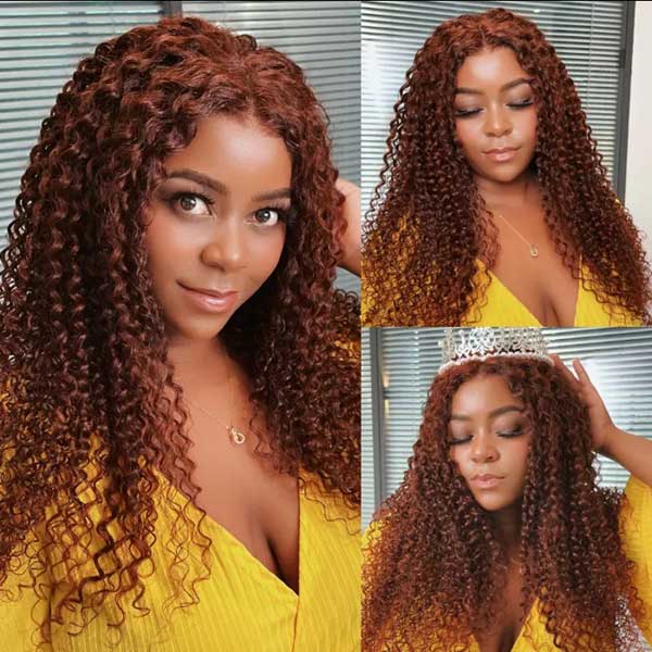 DionaLatia Recommend Junoda Long Reddish Brown Jerry Curly Wig Auburn Color #33 Lace Front Human Hair Wigs junoda