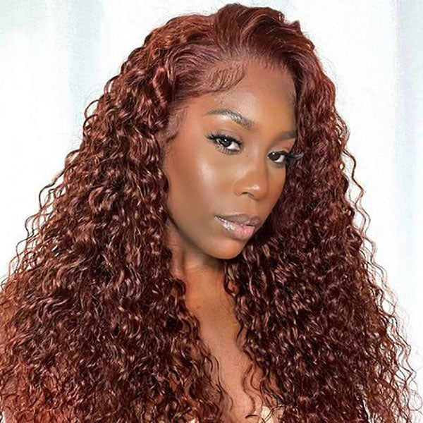 DionaLatia Recommend Junoda Long Reddish Brown Jerry Curly Wig Auburn Color #33 Lace Front Human Hair Wigs junoda
