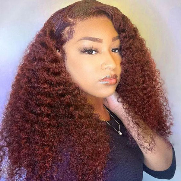 DionaLatia Recommend Junoda Long Reddish Brown Jerry Curly Wig Auburn Color #33 Lace Front Human Hair Wigs junoda