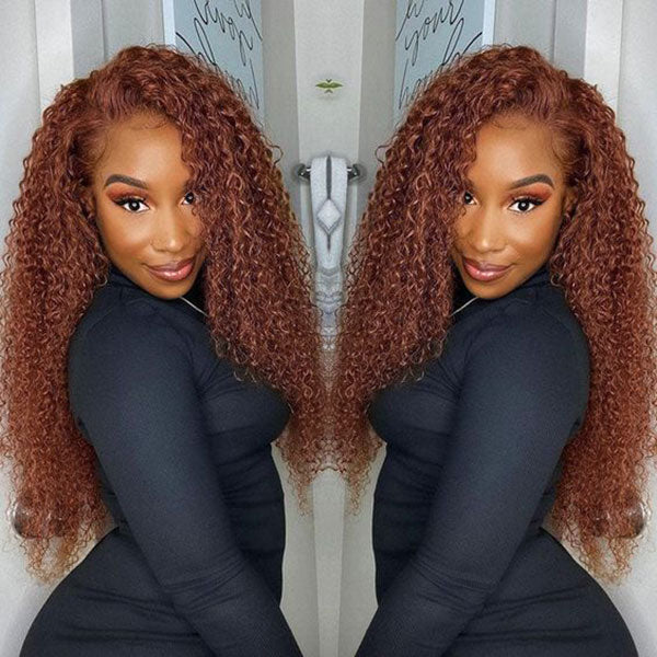 DionaLatia Recommend Junoda Long Reddish Brown Jerry Curly Wig Auburn Color #33 Lace Front Human Hair Wigs junoda