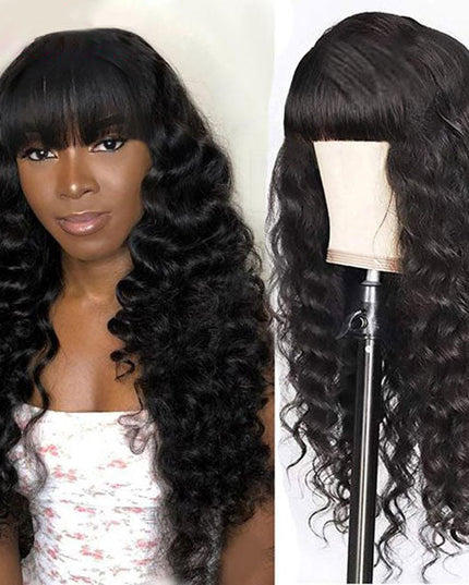 Junoda Loose Deep Wave Hairstyles Human Hair Wig with Bangs Natural Looking Quick Style junoda