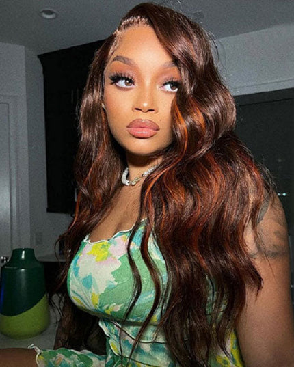 Junoda Mix Color Orange on Brown Hair Body Wave Wig Highlight Human Hair Wigs junoda