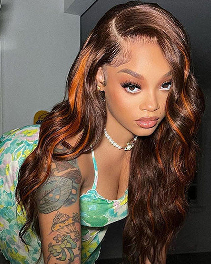 Junoda Mix Color Orange on Brown Hair Body Wave Wig Highlight Human Hair Wigs junoda