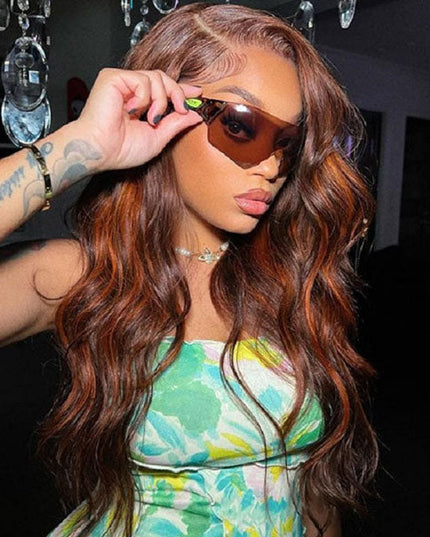 Junoda Mix Color Orange on Brown Hair Body Wave Wig Highlight Human Hair Wigs junoda