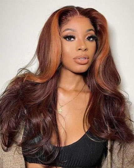 Junoda Money Piece Highlight Orange & Reddish Brown Color Body Wave Skunk Stripe Wig junoda