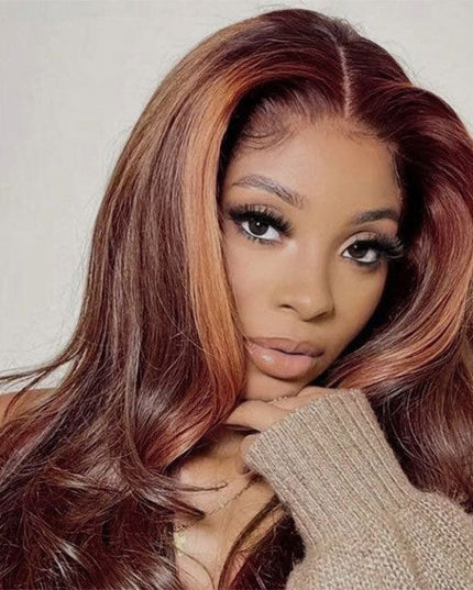 Junoda Money Piece Highlight Orange & Reddish Brown Color Body Wave Skunk Stripe Wig junoda