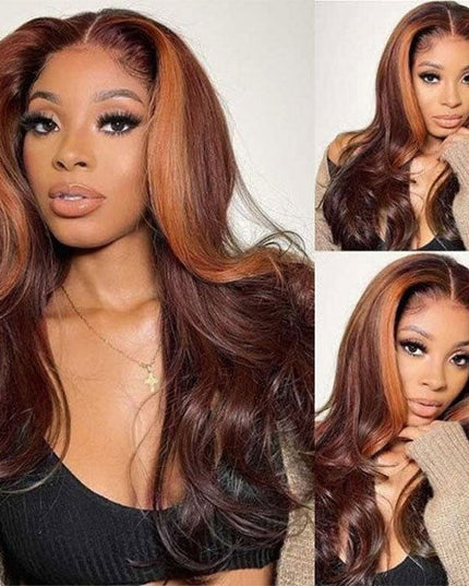 Junoda Money Piece Highlight Orange & Reddish Brown Color Body Wave Skunk Stripe Wig junoda