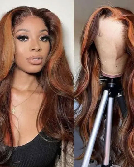 Junoda Money Piece Highlight Orange & Reddish Brown Color Body Wave Skunk Stripe Wig junoda