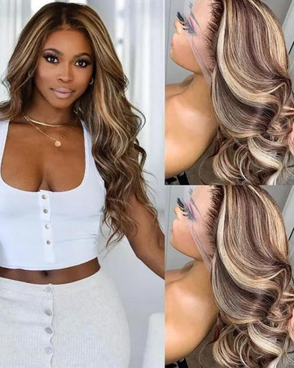 Junoda Money Piece TL4/12 Body Wave Colored Human Hair Wigs Highlight Lace Front Wig junoda
