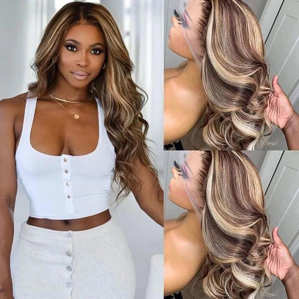 Junoda Money Piece TL4/12 Body Wave Colored Human Hair Wigs Highlight Lace Front Wig junoda