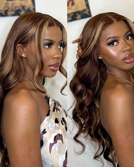 Junoda Money Piece TL4/12 Body Wave Colored Human Hair Wigs Highlight Lace Front Wig junoda