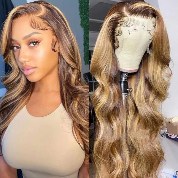 Junoda Money Piece TL4/12 Body Wave Colored Human Hair Wigs Highlight Lace Front Wig junoda