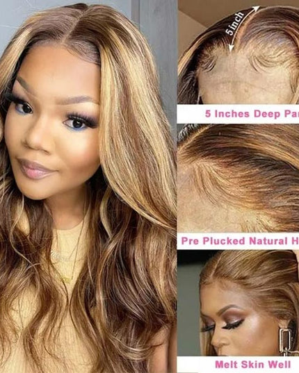 Junoda Money Piece TL4/12 Body Wave Colored Human Hair Wigs Highlight Lace Front Wig junoda