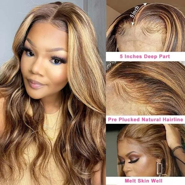 Junoda Money Piece TL4/12 Body Wave Colored Human Hair Wigs Highlight Lace Front Wig junoda