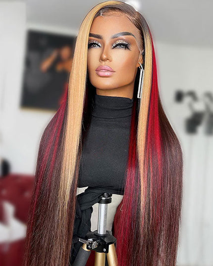 Junoda Multi Mixed Color Highlight Red & Blonde on Black Hair Straight 13x4 Lace Front Wig junoda
