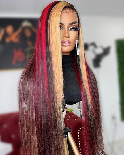 Junoda Multi Mixed Color Highlight Red & Blonde on Black Hair Straight 13x4 Lace Front Wig junoda