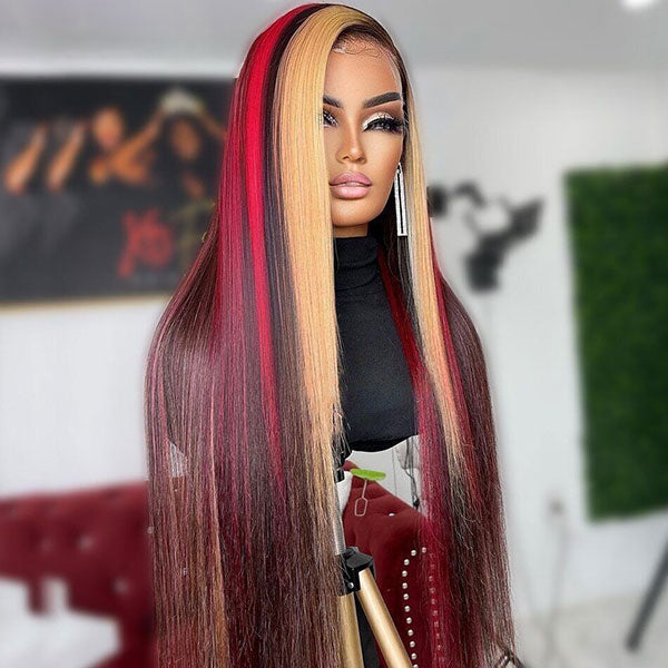 Junoda Multi Mixed Color Highlight Red & Blonde on Black Hair Straight 13x4 Lace Front Wig junoda