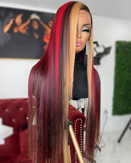 Junoda Multi Mixed Color Highlight Red & Blonde on Black Hair Straight 13x4 Lace Front Wig junoda