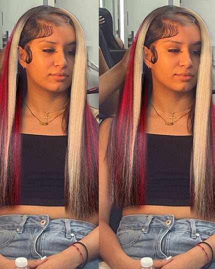 Junoda Multi Mixed Color Highlight Red & Blonde on Black Hair Straight 13x4 Lace Front Wig junoda